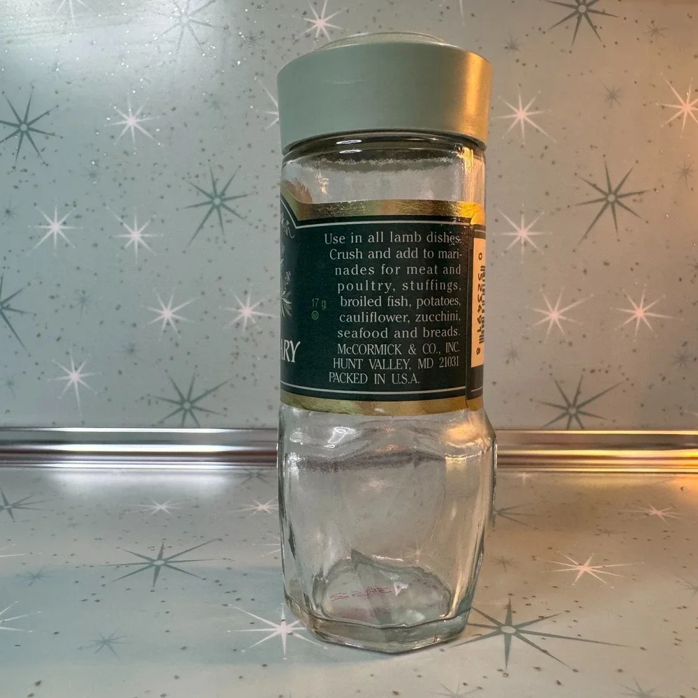 Vintage McCormick Fancy Rosemary Leaves Jar Green Label Glass Spice Bottle Retro